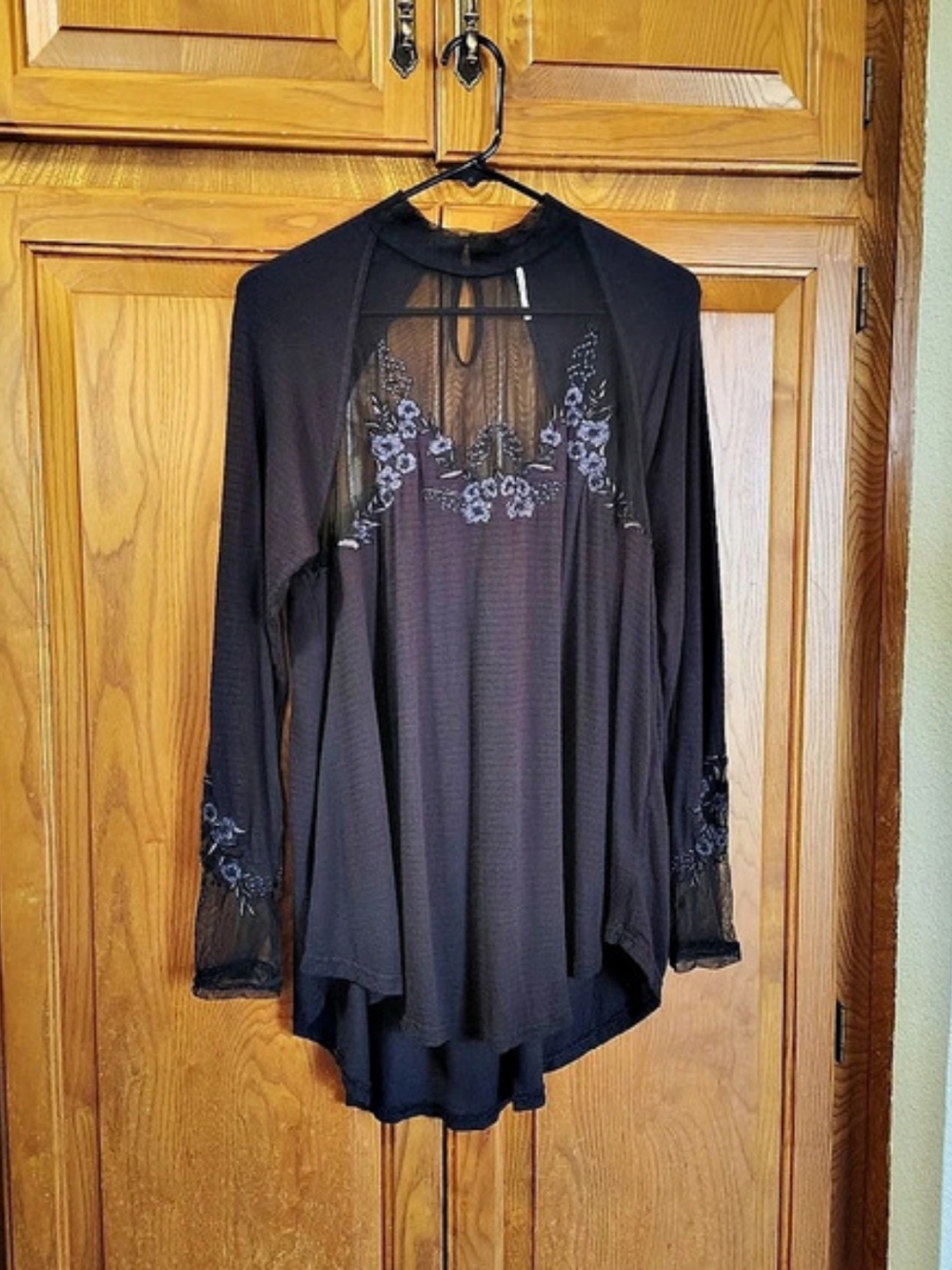 Free People Saheli Mesh Floral Long Sleeve Top Black Blue Floral Sz M Whimsigoth